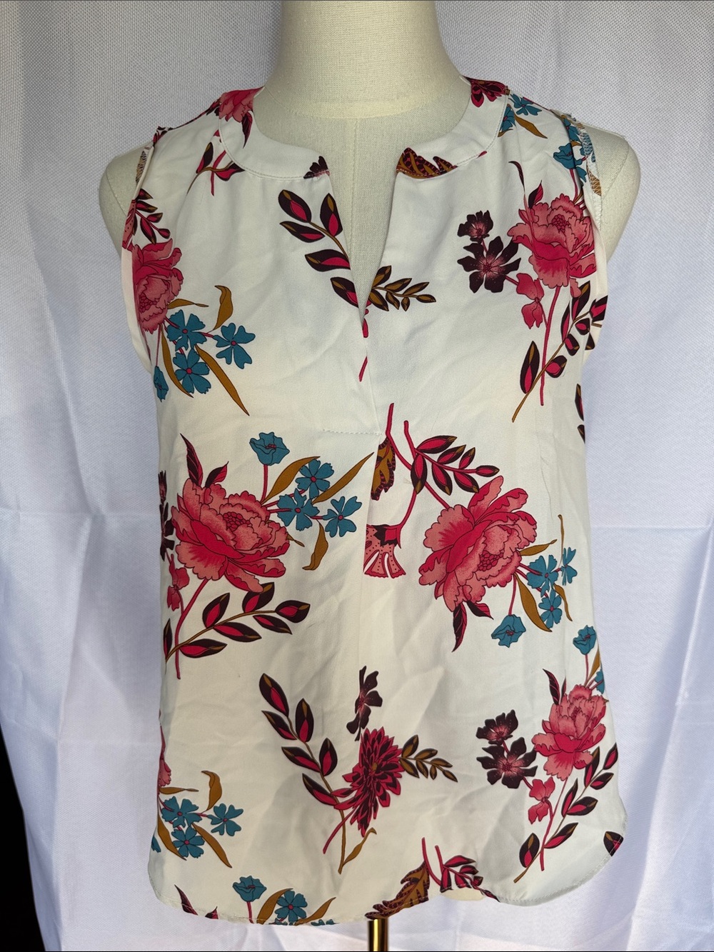 LOFT White Floral Tank with Pink and Blue Blooms